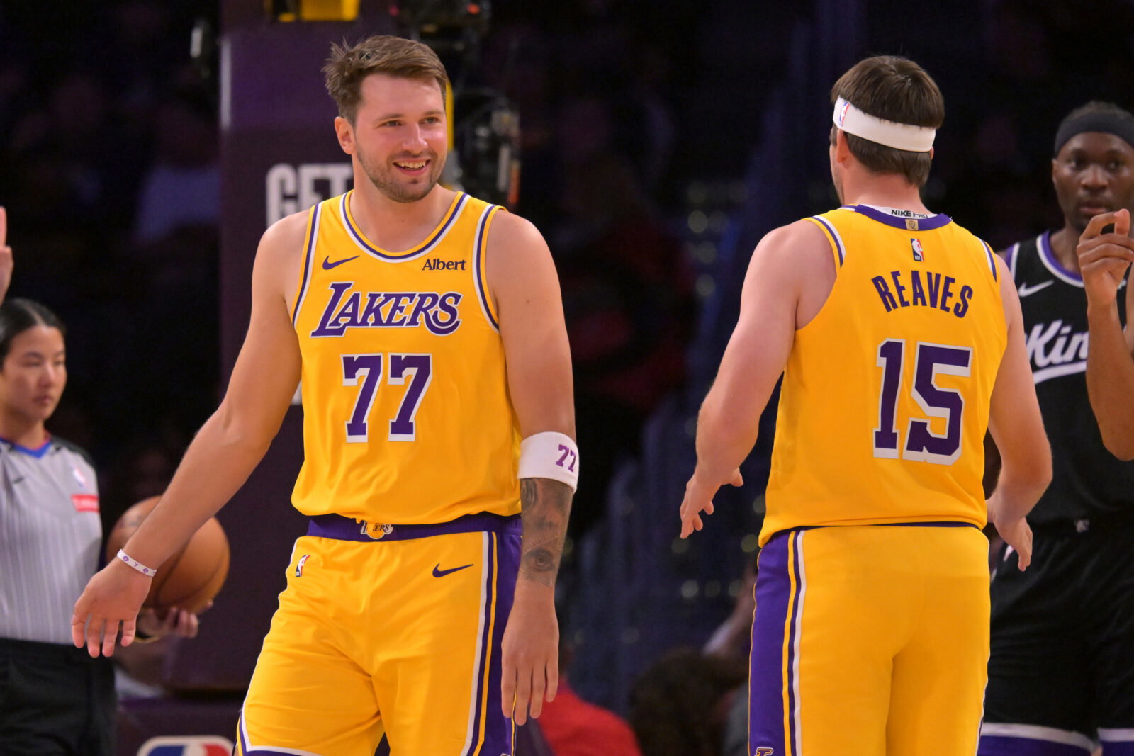 Oct 8, 2026; Los Angeles, California, USA; Los Angeles Lakers guard Luka Doncic (77) and guard Austin Reaves (15) on the court during the first half the Sacramento Kings at Crypto.com Arena. Mandatory Credit: Jayne Kamin-Oncea-Imagn Images