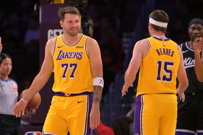 Oct 8, 2026; Los Angeles, California, USA; Los Angeles Lakers guard Luka Doncic (77) and guard Austin Reaves (15) on the court during the first half the Sacramento Kings at Crypto.com Arena. Mandatory Credit: Jayne Kamin-Oncea-Imagn Images