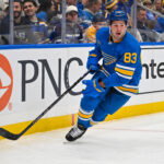 Oct 10, 2026; St. Louis, Missouri, USA; St. Louis Blues center Mason McTavish (83) controls the puck against the Columbus Blue Jackets during the second period at Enterprise Center. Mandatory Credit: Jeff Curry-Imagn Images