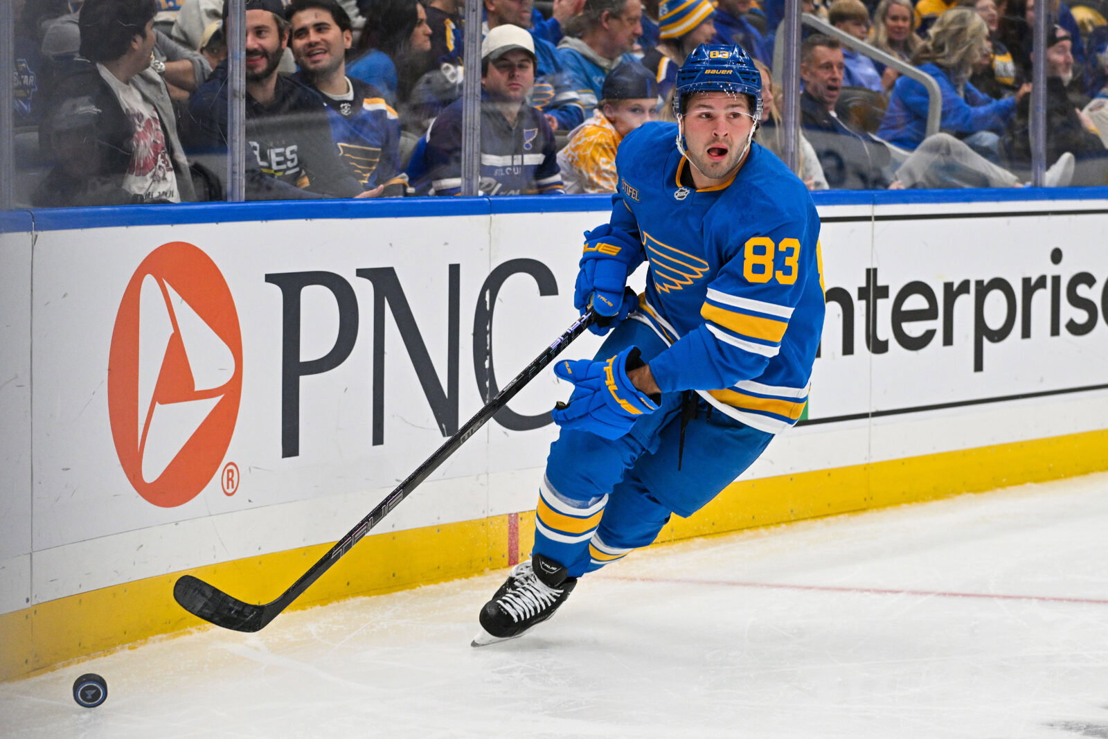 Oct 10, 2026; St. Louis, Missouri, USA; St. Louis Blues center Mason McTavish (83) controls the puck against the Columbus Blue Jackets during the second period at Enterprise Center. Mandatory Credit: Jeff Curry-Imagn Images