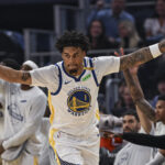 Oct 10, 2026; San Francisco, California, USA; Golden State Warriors forward Yaxel Lendeborg (1) reacts after a three point basket during the first quarter against the Sacramento Kings at Chase Center. Mandatory Credit: Justine Willard-Imagn Images