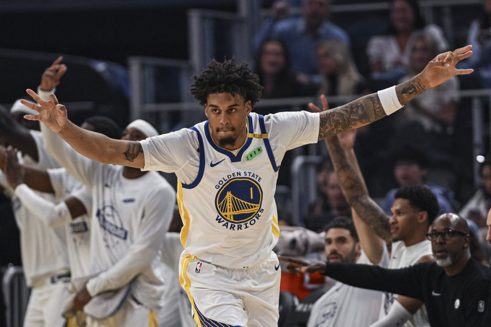 Oct 10, 2026; San Francisco, California, USA; Golden State Warriors forward Yaxel Lendeborg (1) reacts after a three point basket during the first quarter against the Sacramento Kings at Chase Center. Mandatory Credit: Justine Willard-Imagn Images