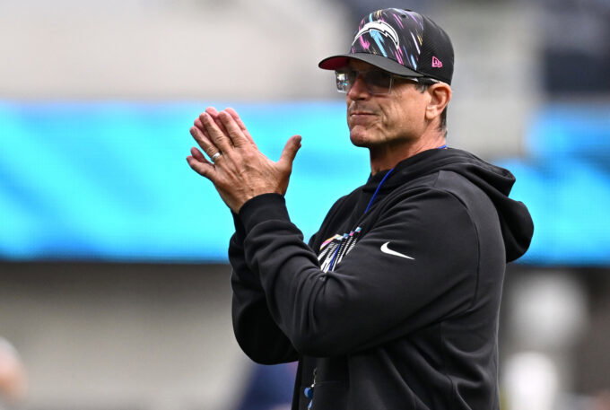 Oct 11, 2026; Inglewood, California, USA; Los Angeles Chargers head coach Jim Harbaugh is seen prior to the game against the Denver Broncos at SoFi Stadium. Mandatory Credit: William Liang-Imagn Images