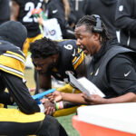 Oct 11, 2026; Pittsburgh, Pennsylvania, USA; Pittsburgh Steelers defensive coordinator Patrick Graham speaks with cornerback Jalen Ramsey (5) in the fourth quarter against the Indianapolis Colts at Acrisure Stadium. Mandatory Credit: Barry Reeger-Imagn Images