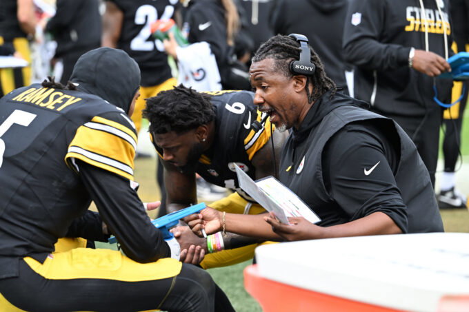 Oct 11, 2026; Pittsburgh, Pennsylvania, USA; Pittsburgh Steelers defensive coordinator Patrick Graham speaks with cornerback Jalen Ramsey (5) in the fourth quarter against the Indianapolis Colts at Acrisure Stadium. Mandatory Credit: Barry Reeger-Imagn Images