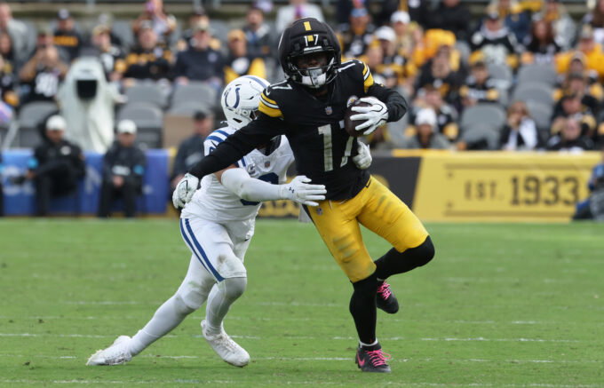 Oct 11, 2026; Pittsburgh, Pennsylvania, USA; Pittsburgh Steelers wide receiver Germie Bernard (17) runs with the ball after a catch while defended by Indianapolis Colts safety Cam Bynum (0) in the fourth quarter at Acrisure Stadium. Mandatory Credit: Charles LeClaire-Imagn Images