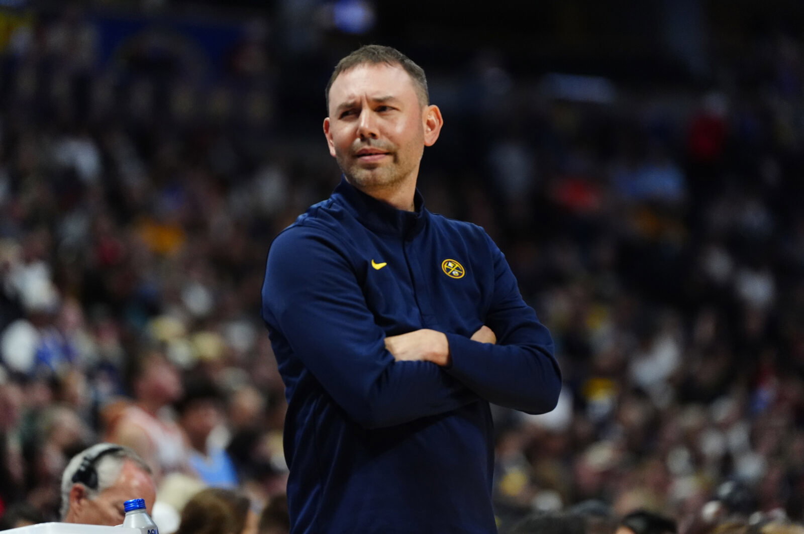 Oct 11, 2026; Denver, Colorado, USA; Denver Nuggets Head Coach David Adelman during the second quarter against the Chicago Bulls at Ball Arena. Mandatory Credit: Ron Chenoy-Imagn Images