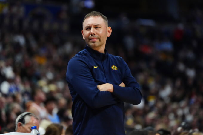 Oct 11, 2026; Denver, Colorado, USA; Denver Nuggets Head Coach David Adelman during the second quarter against the Chicago Bulls at Ball Arena. Mandatory Credit: Ron Chenoy-Imagn Images