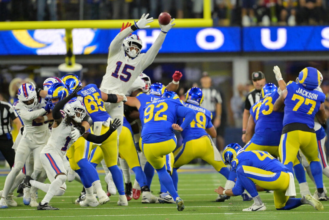 Oct 12, 2026; Inglewood, California, USA; Buffalo Bills linebacker Greg Rousseau (15) blocks a field goal from Los Angeles Rams place kicker Harrison Mevis (92) during overtime at SoFi Stadium. Mandatory Credit: Jayne Kamin-Oncea-Imagn Images