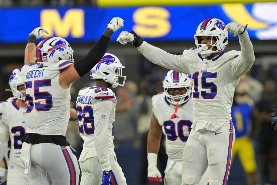 Oct 12, 2026; Inglewood, California, USA; Buffalo Bills linebacker Greg Rousseau (15) celebrates with Buffalo Bills defensive end Michael Hoecht (55) after blocking a field goal during overtime against the Los Angeles Rams at SoFi Stadium. Mandatory Credit: Jayne Kamin-Oncea-Imagn Images