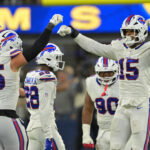 Oct 12, 2026; Inglewood, California, USA; Buffalo Bills linebacker Greg Rousseau (15) celebrates with Buffalo Bills defensive end Michael Hoecht (55) after blocking a field goal during overtime against the Los Angeles Rams at SoFi Stadium. Mandatory Credit: Jayne Kamin-Oncea-Imagn Images