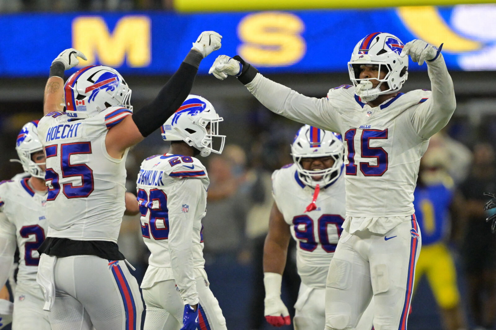 Oct 12, 2026; Inglewood, California, USA; Buffalo Bills linebacker Greg Rousseau (15) celebrates with Buffalo Bills defensive end Michael Hoecht (55) after blocking a field goal during overtime against the Los Angeles Rams at SoFi Stadium. Mandatory Credit: Jayne Kamin-Oncea-Imagn Images