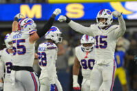 Oct 12, 2026; Inglewood, California, USA; Buffalo Bills linebacker Greg Rousseau (15) celebrates with Buffalo Bills defensive end Michael Hoecht (55) after blocking a field goal during overtime against the Los Angeles Rams at SoFi Stadium. Mandatory Credit: Jayne Kamin-Oncea-Imagn Images