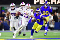 Oct 12, 2026; Inglewood, California, USA; Buffalo Bills quarterback Josh Allen (17) scrambles as Los Angeles Rams linebacker Nate Landman (53) defends during overtime at SoFi Stadium. Mandatory Credit: