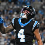 Oct 4, 2026; Charlotte, North Carolina, USA; Carolina Panthers wide receiver Tetairoa McMillan (4) reacts in the second half at Bank of America Stadium. Mandatory Credit: Bob Donnan-Imagn Images