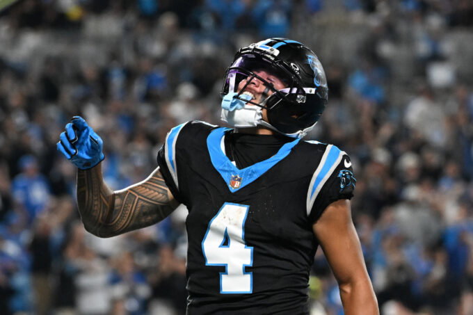Oct 4, 2026; Charlotte, North Carolina, USA; Carolina Panthers wide receiver Tetairoa McMillan (4) reacts in the second half at Bank of America Stadium. Mandatory Credit: Bob Donnan-Imagn Images