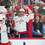 Oct 13, 2026; Raleigh, North Carolina, USA; Washington Capitals left wing Alex Ovechkin (8) waves to the crowd against the Carolina Hurricanes during the first period at Lenovo Center. Mandatory Credit: James Guillory-Imagn Images