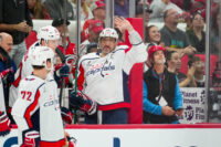 Oct 13, 2026; Raleigh, North Carolina, USA; Washington Capitals left wing Alex Ovechkin (8) waves to the crowd against the Carolina Hurricanes during the first period at Lenovo Center. Mandatory Credit: James Guillory-Imagn Images