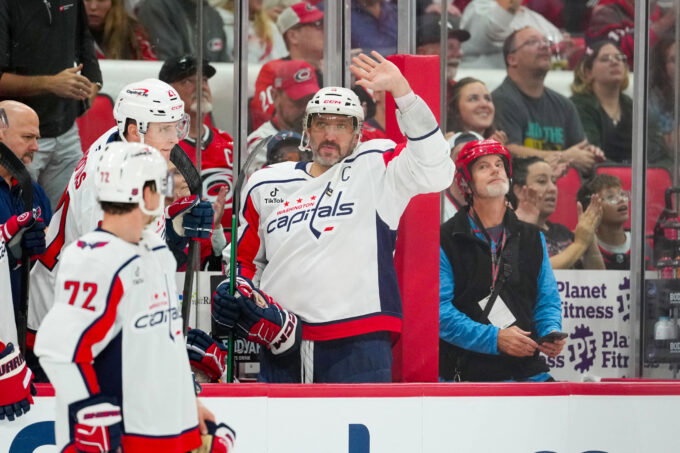 Oct 13, 2026; Raleigh, North Carolina, USA; Washington Capitals left wing Alex Ovechkin (8) waves to the crowd against the Carolina Hurricanes during the first period at Lenovo Center. Mandatory Credit: James Guillory-Imagn Images