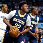 Oct 14, 2026; Dallas, Texas, USA; New Orleans Pelicans center Derik Queen (22) grabs the ball during the second quarter against the Dallas Mavericks at American Airlines Center. Mandatory Credit: Kevin Jairaj-Imagn Images