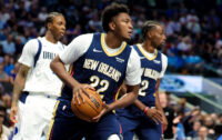 Oct 14, 2026; Dallas, Texas, USA; New Orleans Pelicans center Derik Queen (22) grabs the ball during the second quarter against the Dallas Mavericks at American Airlines Center. Mandatory Credit: Kevin Jairaj-Imagn Images