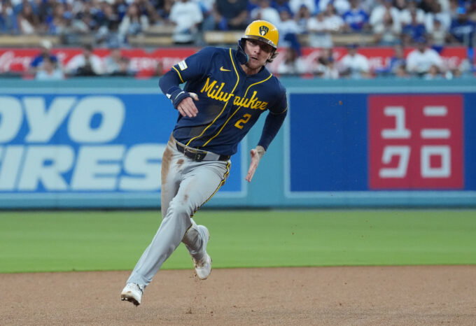 Oct 15, 2026; Los Angeles, California, USA; Milwaukee Brewers second baseman Brice Turang (2) rounds second during the fourth inning against the Los Angeles Dodgers in game four of the NLCS for the 2026 MLB Playoffs at Uniqlo Field at Dodger Stadium. Mandatory Credit: Kirby Lee-Imagn Images