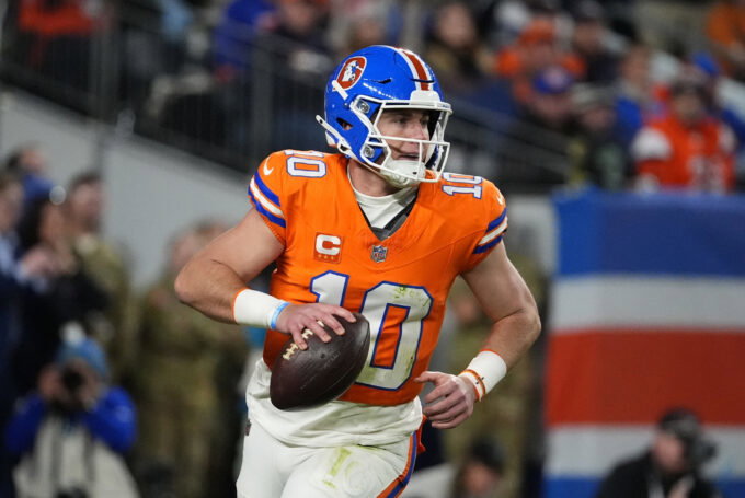 Oct 15, 2026; Denver, Colorado, USA; Denver Broncos quarterback Bo Nix (10) looks to throw in the second half against the Seattle Seahawks at Empower Field at Mile High. Mandatory Credit: Ron Chenoy-Imagn Images