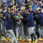 Oct 15, 2026; Los Angeles, California, USA; Milwaukee Brewers players celebrate winning the NLCS for the 2026 MLB Playoffs against the Los Angeles Dodgers at Uniqlo Field at Dodger Stadium. Mandatory Credit: Kiyoshi Mio-Imagn Images