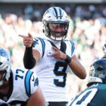 Oct 18, 2026; Philadelphia, Pennsylvania, USA; Carolina Panthers quarterback Bryce Young (9) reacts after drawing a Philadelphia Eagles offsides during the fourth quarter at Lincoln Financial Field. Mandatory Credit: Bill Streicher-Imagn Images