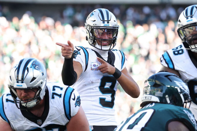 Oct 18, 2026; Philadelphia, Pennsylvania, USA; Carolina Panthers quarterback Bryce Young (9) reacts after drawing a Philadelphia Eagles offsides during the fourth quarter at Lincoln Financial Field. Mandatory Credit: Bill Streicher-Imagn Images