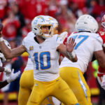 Oct 18, 2026; Kansas City, Missouri, USA; Los Angeles Chargers quarterback Justin Herbert (10) throws a pass during the fourth quarter against the Kansas City Chiefs at GEHA Field at Arrowhead Stadium. Mandatory Credit: William Purnell-Imagn Images