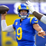 Oct 18, 2026; Inglewood, California, USA; Los Angeles Rams quarterback Matthew Stafford (9) sets to pass in the fourth quarter against the Arizona Cardinals at SoFi Stadium. Mandatory Credit: Jayne Kamin-Oncea-Imagn Images