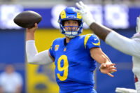 Oct 18, 2026; Inglewood, California, USA; Los Angeles Rams quarterback Matthew Stafford (9) sets to pass in the fourth quarter against the Arizona Cardinals at SoFi Stadium. Mandatory Credit: Jayne Kamin-Oncea-Imagn Images