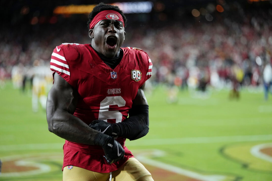 Oct 19, 2026; Santa Clara, California, USA; San Francisco 49ers safety Malik Mustapha (6) celebrates after the game against the Washington Commanders at Levi's Stadium. Mandatory Credit: Cary Edmondson-Imagn Images