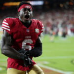 Oct 19, 2026; Santa Clara, California, USA; San Francisco 49ers safety Malik Mustapha (6) celebrates after the game against the Washington Commanders at Levi's Stadium. Mandatory Credit: Cary Edmondson-Imagn Images