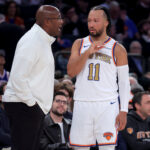 Oct 20, 2026; New York, New York, USA; New York Knicks head coach Mike Brown talks to guard Jalen Brunson (11) during the first quarter against the Philadelphia 76ers at Madison Square Garden. Mandatory Credit: Brad Penner-Imagn Images