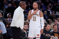 Oct 20, 2026; New York, New York, USA; New York Knicks head coach Mike Brown talks to guard Jalen Brunson (11) during the first quarter against the Philadelphia 76ers at Madison Square Garden. Mandatory Credit: Brad Penner-Imagn Images