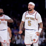 Oct 20, 2026; New York, New York, USA; New York Knicks guard Jose Alvarado (5) reacts during the second quarter against the Philadelphia 76ers at Madison Square Garden. Mandatory Credit: Brad Penner-Imagn Images
