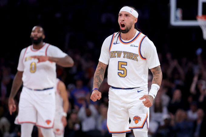 Oct 20, 2026; New York, New York, USA; New York Knicks guard Jose Alvarado (5) reacts during the second quarter against the Philadelphia 76ers at Madison Square Garden. Mandatory Credit: Brad Penner-Imagn Images