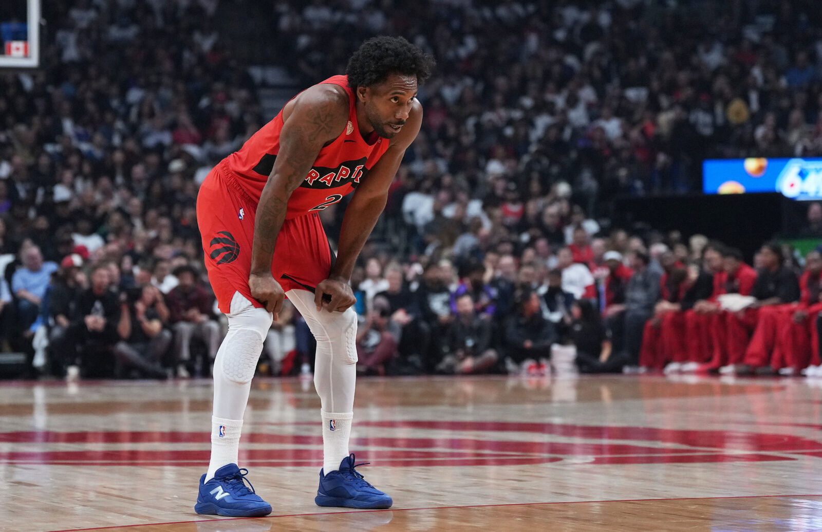 Oct 21, 2026; Toronto, Ontario, CAN; Toronto Raptors forward Kawhi Leonard (2) waits for play to start against the Chicago Bulls during the first quarter at Scotiabank Arena. Mandatory Credit: Nick Turchiaro-Imagn Images
