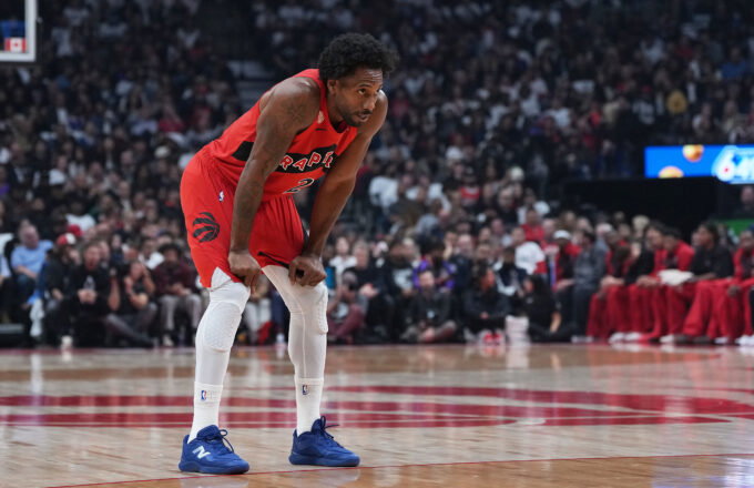 Oct 21, 2026; Toronto, Ontario, CAN; Toronto Raptors forward Kawhi Leonard (2) waits for play to start against the Chicago Bulls during the first quarter at Scotiabank Arena. Mandatory Credit: Nick Turchiaro-Imagn Images