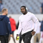 Oct 22, 2026; Chicago, Illinois, USA; New England Patriots wide receiver A.J. Brown (1) warms up prior to the game against the Chicago Bears at Soldier Field. Mandatory Credit: Patrick Gorski-Imagn Images