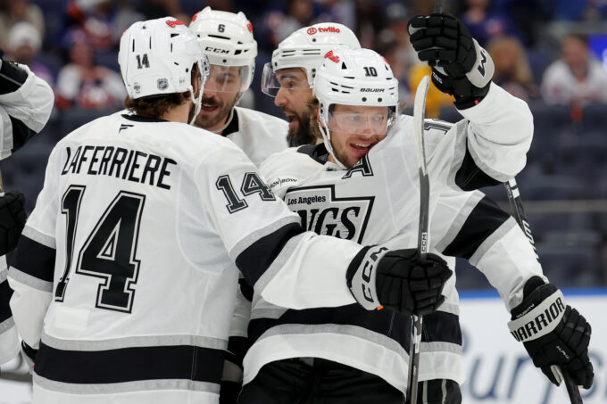 Oct 22, 2026; Elmont, New York, USA; Los Angeles Kings left wing Artemi Panarin (10) celebrates with teammates after scoring his second goal of the game against the New York Islanders during the first period at UBS Arena. Mandatory Credit: Brad Penner-Imagn Images