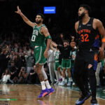 Oct 23, 2026; Boston, Massachusetts, USA; Boston Celtics forward Jayson Tatum (0) celebrates after making a three point basket against the New York Knicks during the second half at TD Garden. Mandatory Credit: