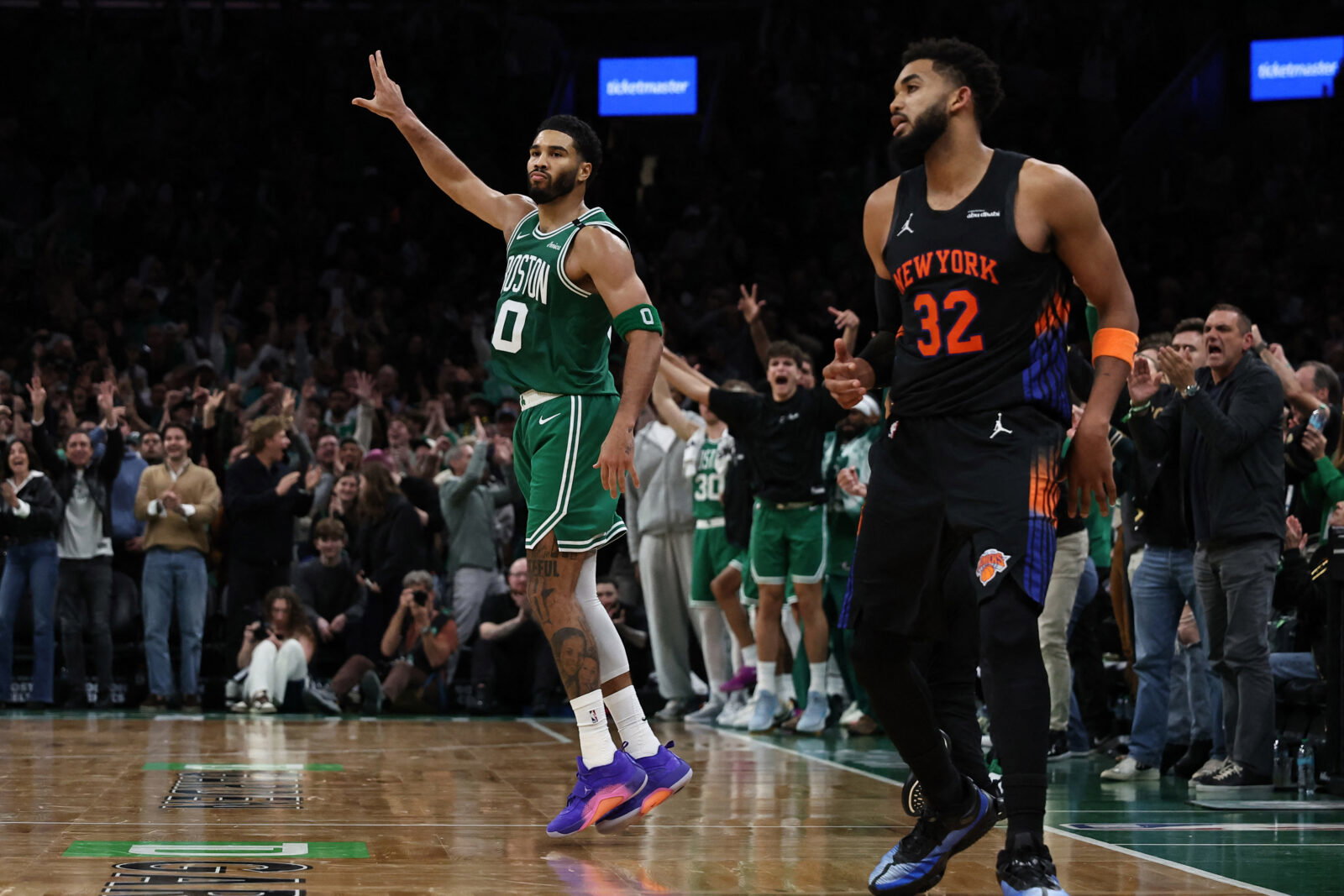 Oct 23, 2026; Boston, Massachusetts, USA; Boston Celtics forward Jayson Tatum (0) celebrates after making a three point basket against the New York Knicks during the second half at TD Garden. Mandatory Credit:
