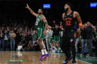 Oct 23, 2026; Boston, Massachusetts, USA; Boston Celtics forward Jayson Tatum (0) celebrates after making a three point basket against the New York Knicks during the second half at TD Garden. Mandatory Credit: