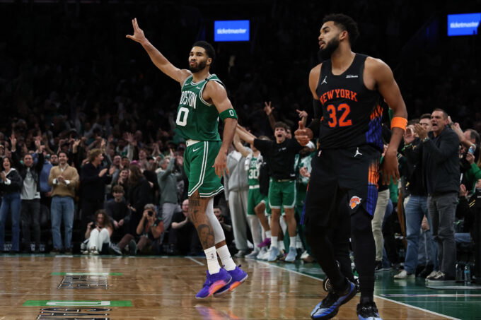 Oct 23, 2026; Boston, Massachusetts, USA; Boston Celtics forward Jayson Tatum (0) celebrates after making a three point basket against the New York Knicks during the second half at TD Garden. Mandatory Credit: