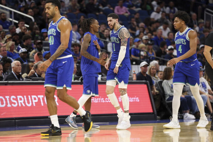 Oct 23, 2026; Orlando, Florida, USA; Minnesota Timberwolves guard LaMelo Ball (1) reacts after a basket against the Orlando Magic in the second quarter at Kia Center. Mandatory Credit: Nathan Ray Seebeck-Imagn Images