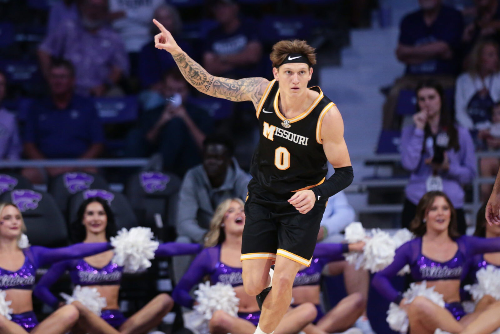 Missouri Tigers guard Cord Stansberry (0) reacts after making a three against Kansas State Wildcats during the exhibition game inside Bramlage Coliseum in Manhattan, Kansas on Oct. 23, 2026.