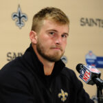 Oct 25, 2026; Paris, FRA; New Orleans Saints quarterback Tyler Shough (6) at press conference after the 2026 NFL Paris Game against the Pittsburgh Steelers at Stade de France. Mandatory Credit: Kirby Lee-Imagn Images